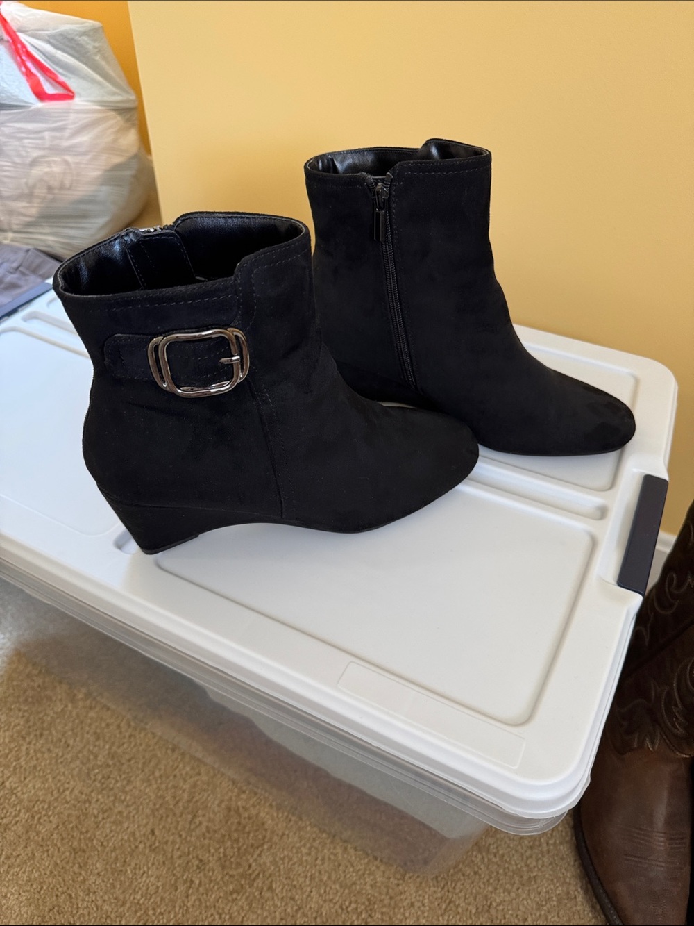 Impo Black Suede-Look Wedge Ankle Booties with Buckle Accent